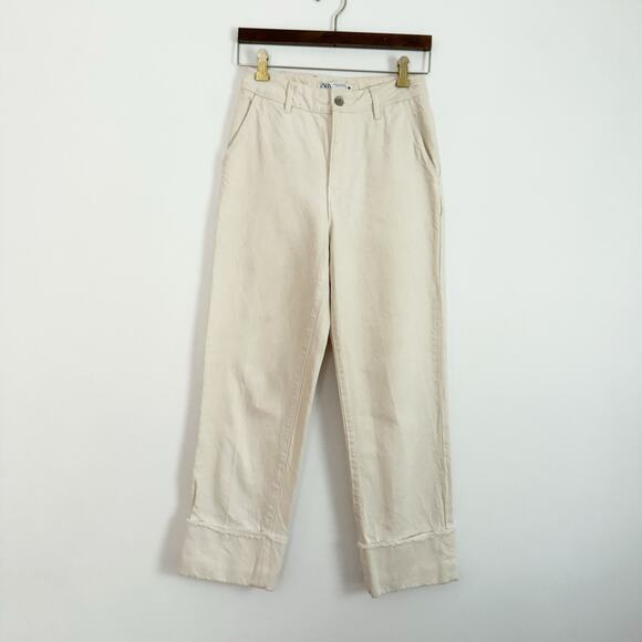 ZARA High Rise Cuffed Straight Leg Pants Cream 00 - Picture 1 of 8